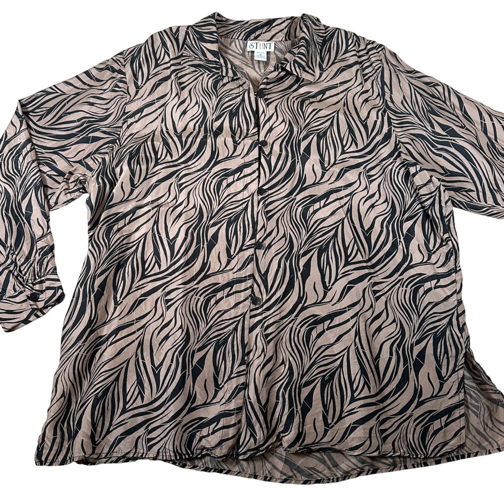 STUNT Womens 2X Silk Button Up Shirt Brown Black Zebra Animal Print Long Sleeve
